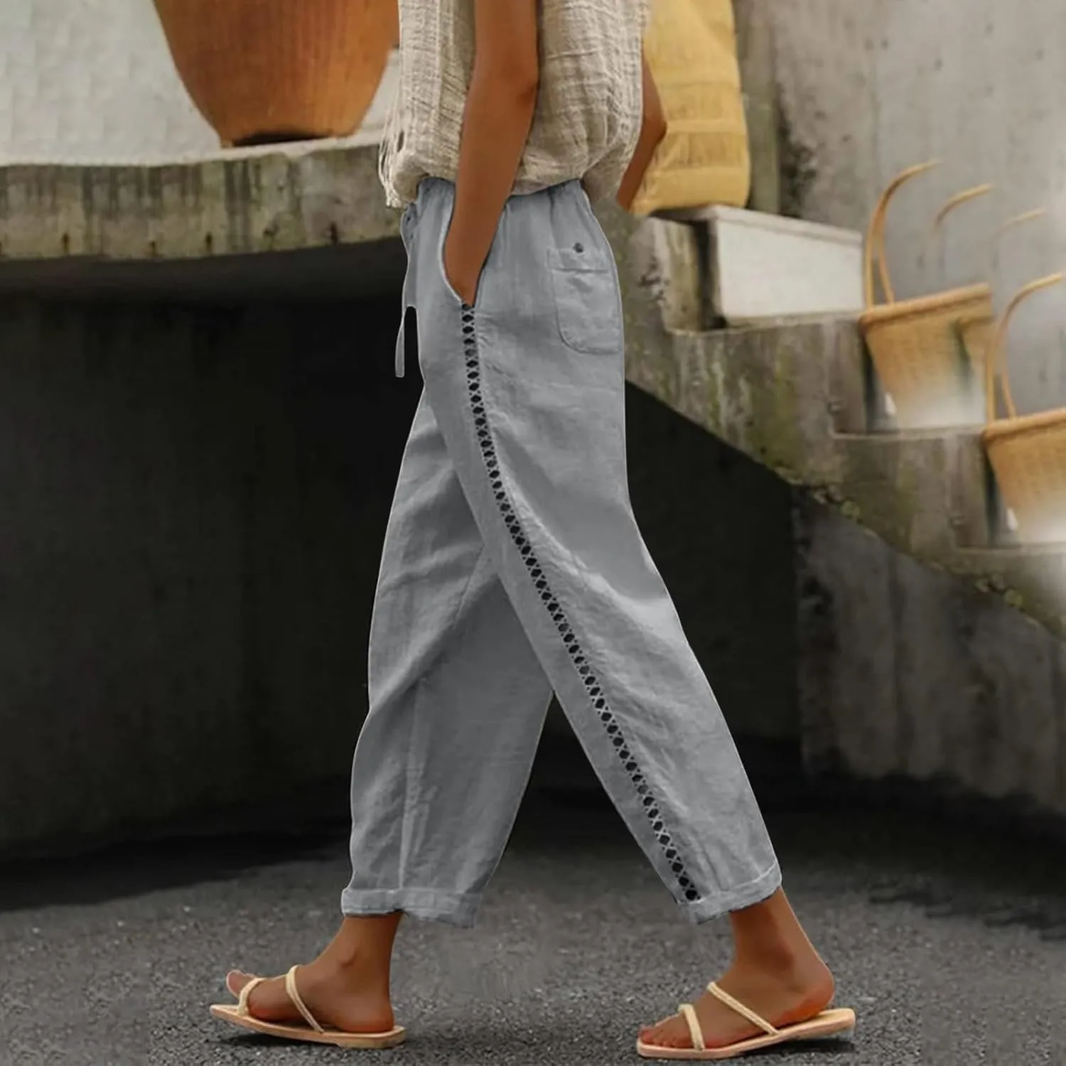 Cotton Linen Pants Women Summer Elastic Waist Loose Straight Leg Capri Pants Side Hollow Beach Trousers with Pockets