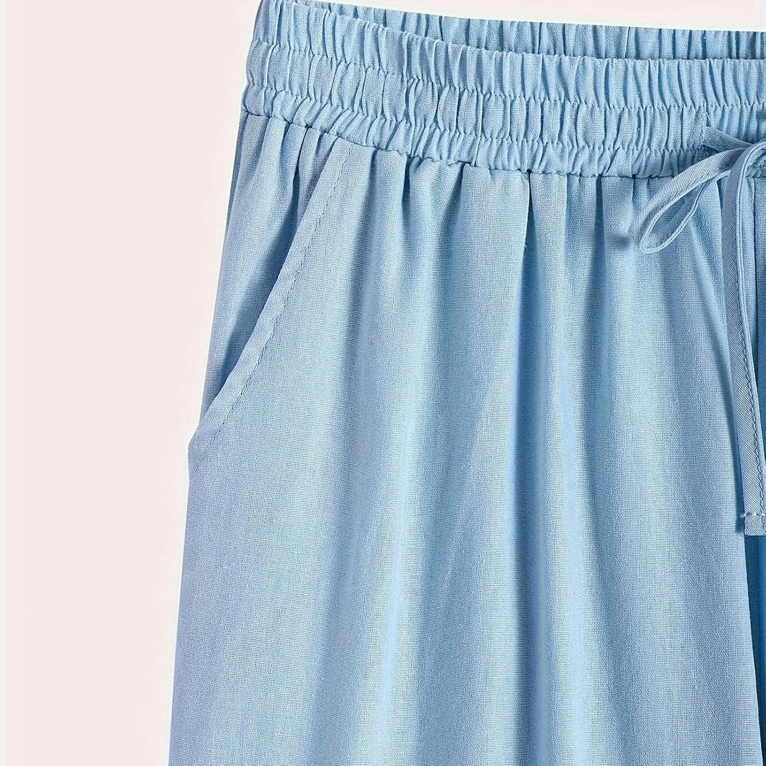 Cotton Linen Straight Leg Pants for Women Casual Drawstring Elastic Waist Trousers with Pockets Summer Lounge Pant