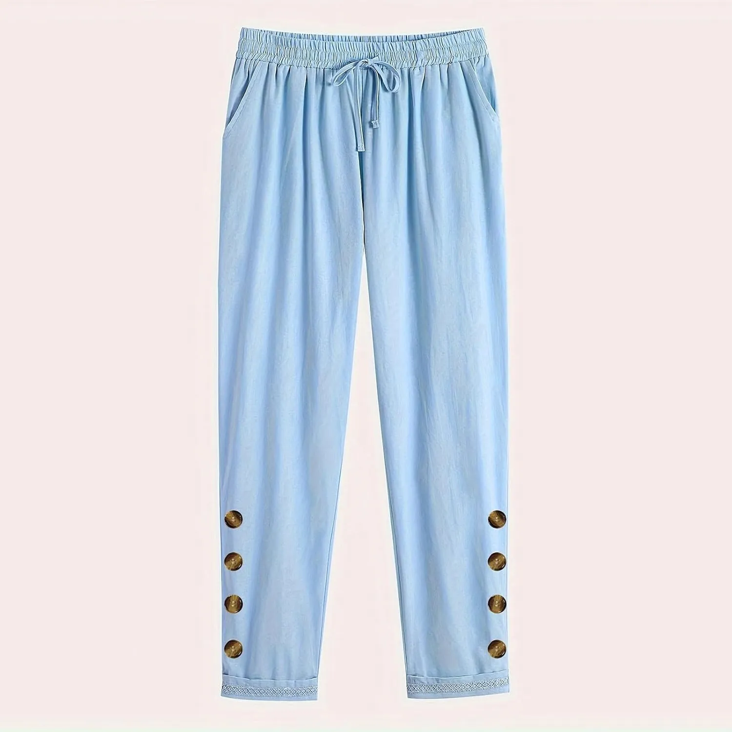 Cotton Linen Straight Leg Pants for Women Casual Drawstring Elastic Waist Trousers with Pockets Summer Lounge Pant