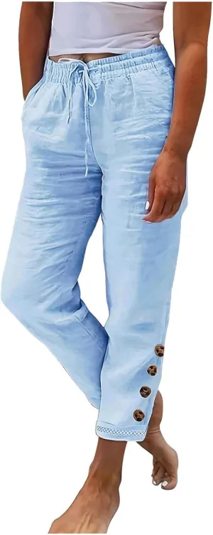Cotton Linen Straight Leg Pants for Women Casual Drawstring Elastic Waist Trousers with Pockets Summer Lounge Pant