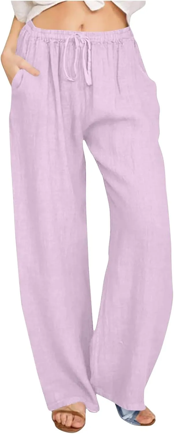Cotton Linen Trousers for Women Solid Drawstring Waist Long Pants with Pockets Elastic Waist Comfort Trousers