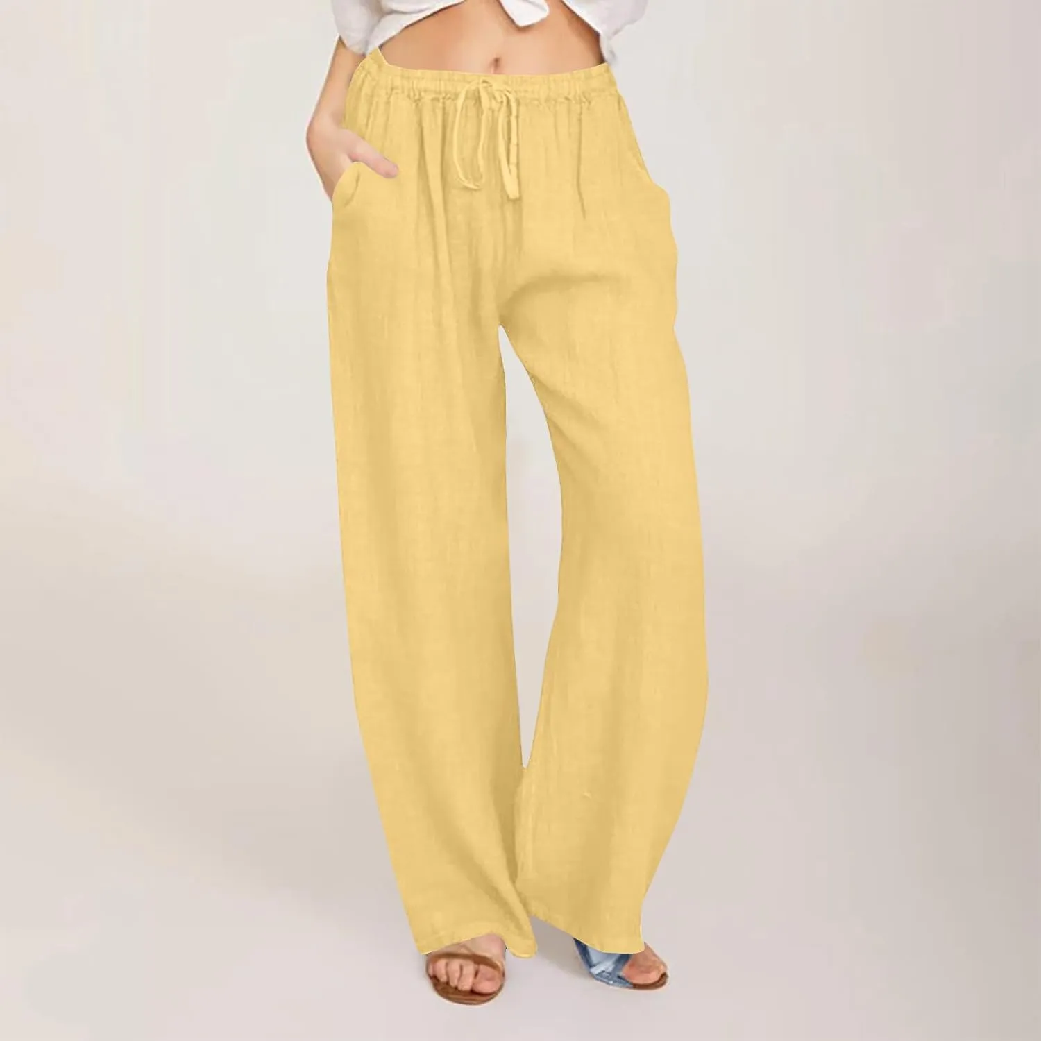Cotton Linen Trousers for Women Solid Drawstring Waist Long Pants with Pockets Elastic Waist Comfort Trousers