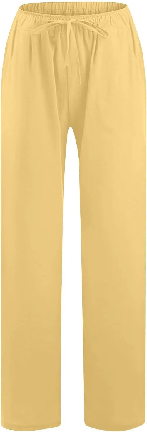 Cotton Linen Trousers for Women Solid Drawstring Waist Long Pants with Pockets Elastic Waist Comfort Trousers