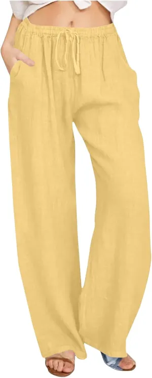 Cotton Linen Trousers for Women Solid Drawstring Waist Long Pants with Pockets Elastic Waist Comfort Trousers