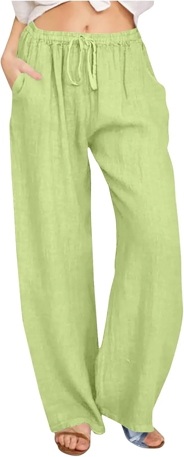 Cotton Linen Trousers for Women Solid Drawstring Waist Long Pants with Pockets Elastic Waist Comfort Trousers