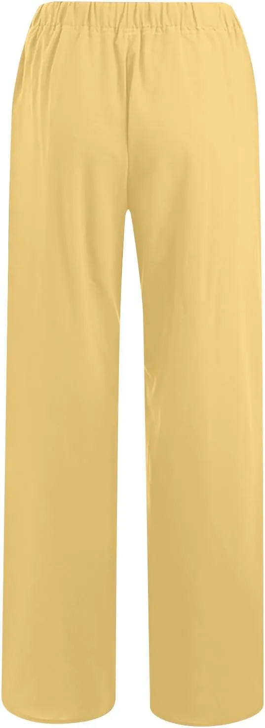 Cotton Linen Trousers for Women Solid Drawstring Waist Long Pants with Pockets Elastic Waist Comfort Trousers