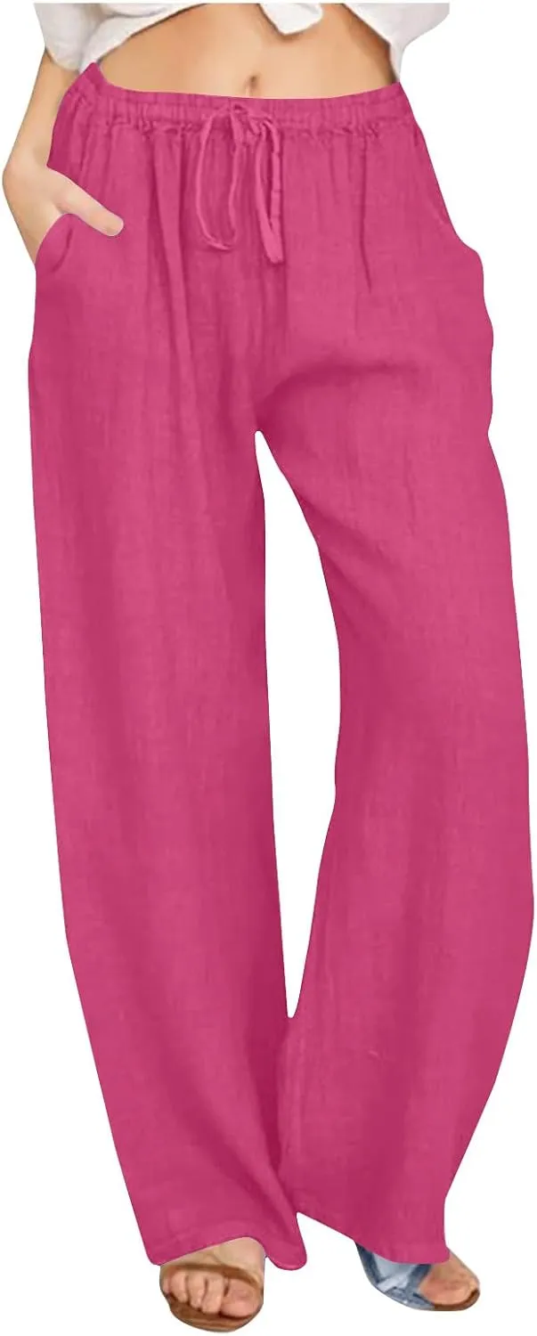 Cotton Linen Trousers for Women Solid Drawstring Waist Long Pants with Pockets Elastic Waist Comfort Trousers