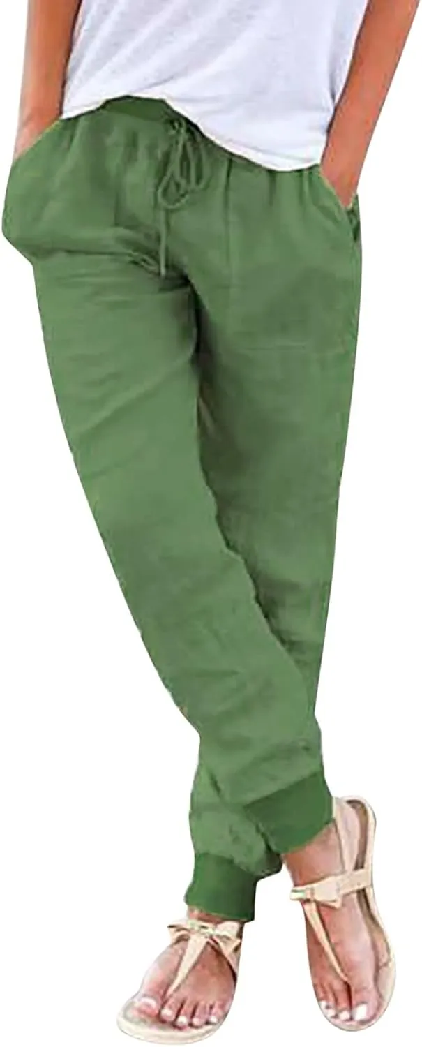 CRNTCEM Womens Straight Leg Beach Pants Slim Fit Travel Running Anckle Pant Workout Sweatpants Casual Cotton Linen Pants
