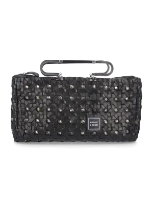 crystal-embellished interwoven leather top-handle bag