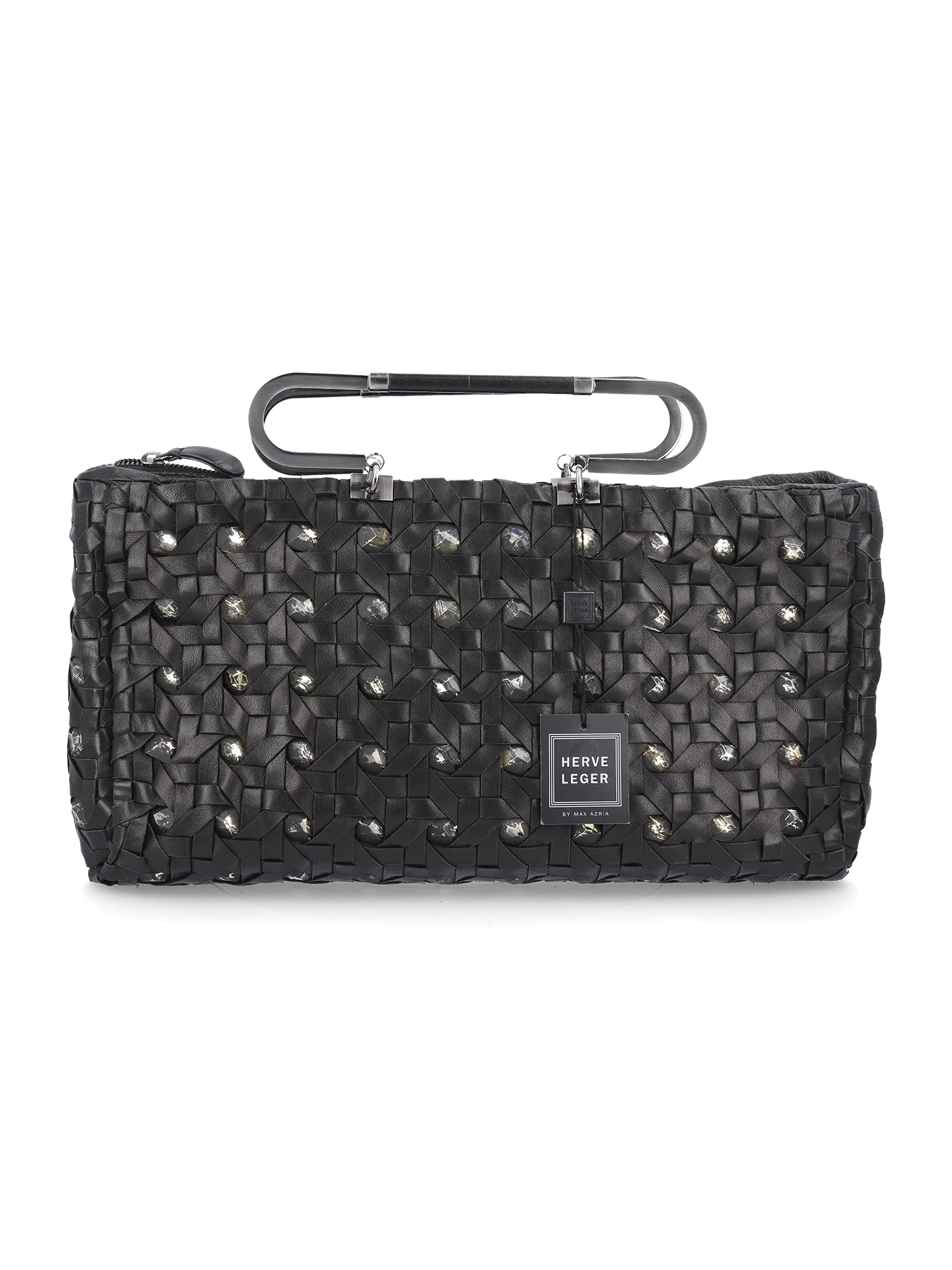 crystal-embellished interwoven leather top-handle bag