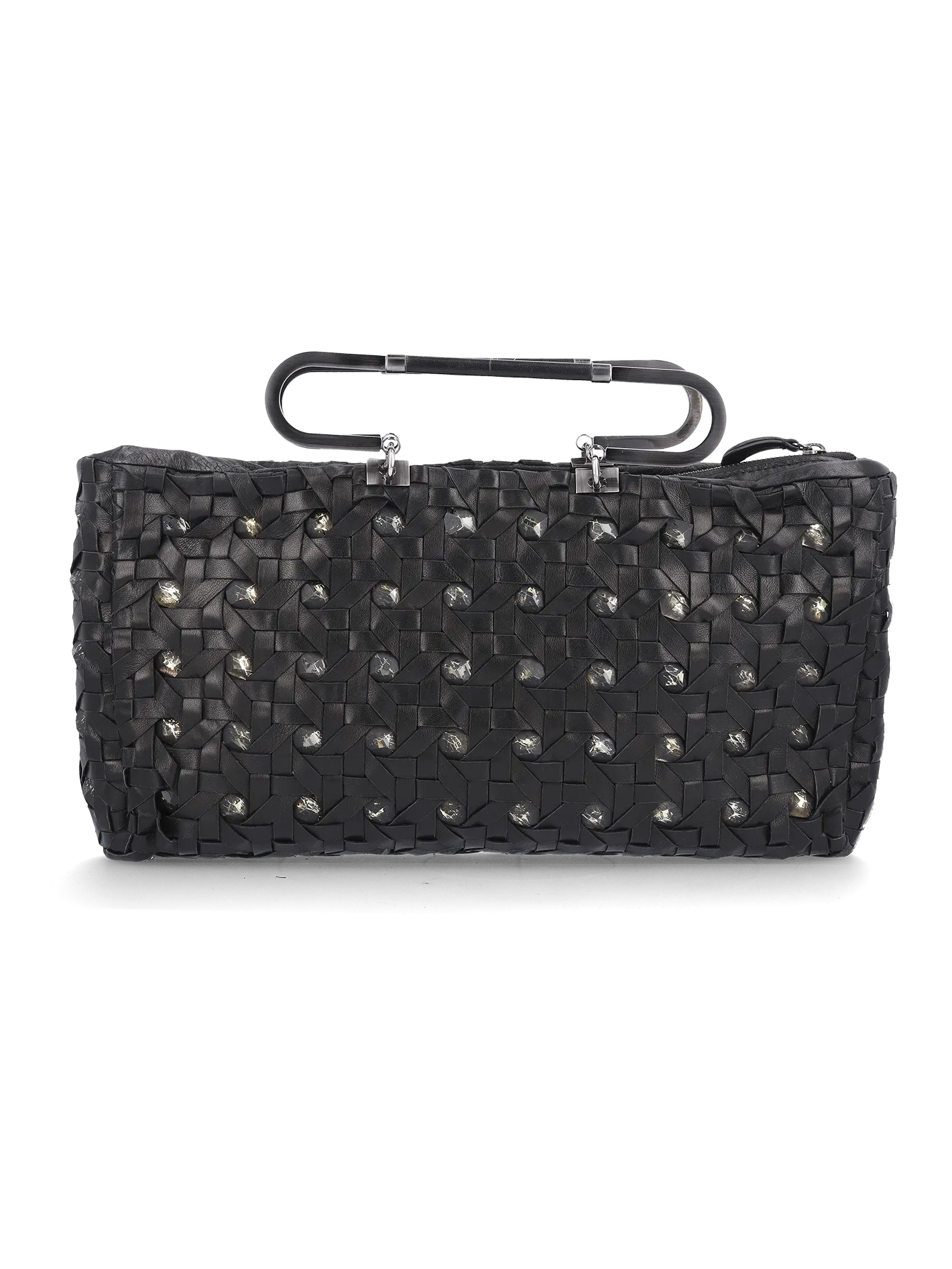 crystal-embellished interwoven leather top-handle bag