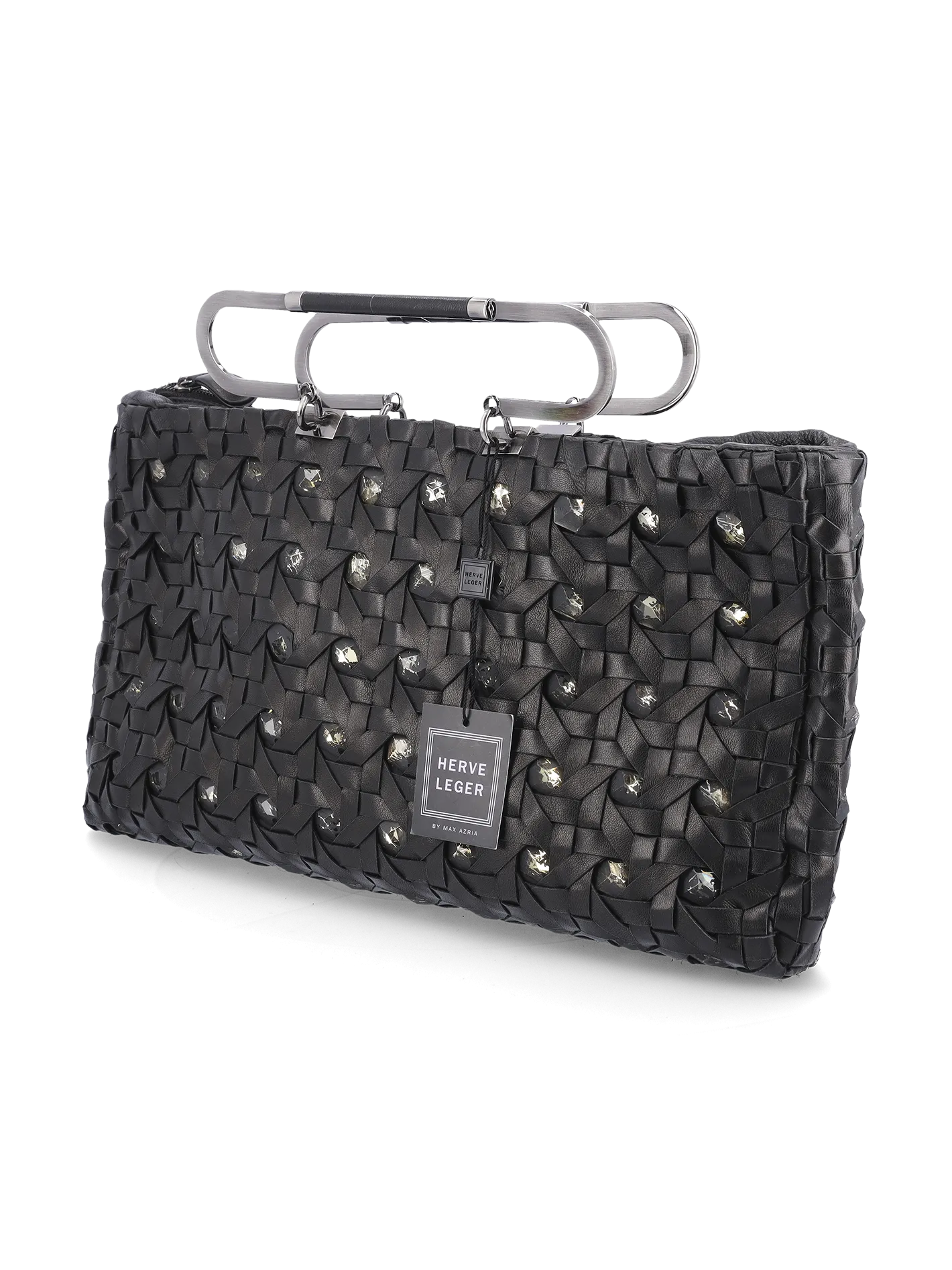 crystal-embellished interwoven leather top-handle bag