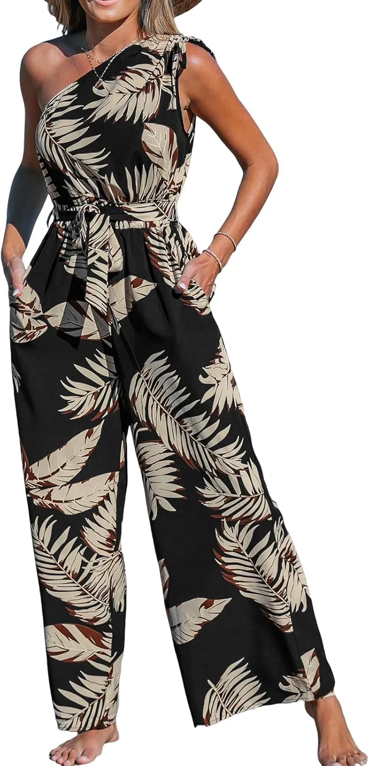 CUPSHE Women's Jumpsuits Sleeveless Floral One Shoulder Wide Leg Long Pants 2025 Trendy Travel Outfit Pocket