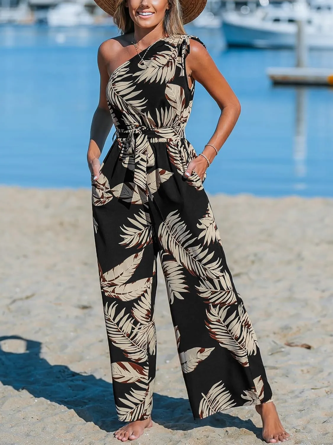 CUPSHE Women's Jumpsuits Sleeveless Floral One Shoulder Wide Leg Long Pants 2025 Trendy Travel Outfit Pocket