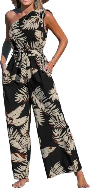 CUPSHE Women's Jumpsuits Sleeveless Floral One Shoulder Wide Leg Long Pants 2025 Trendy Travel Outfit Pocket