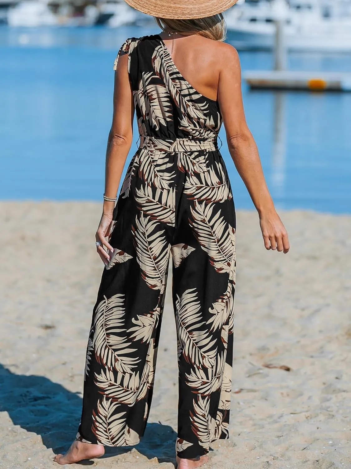 CUPSHE Women's Jumpsuits Sleeveless Floral One Shoulder Wide Leg Long Pants 2025 Trendy Travel Outfit Pocket