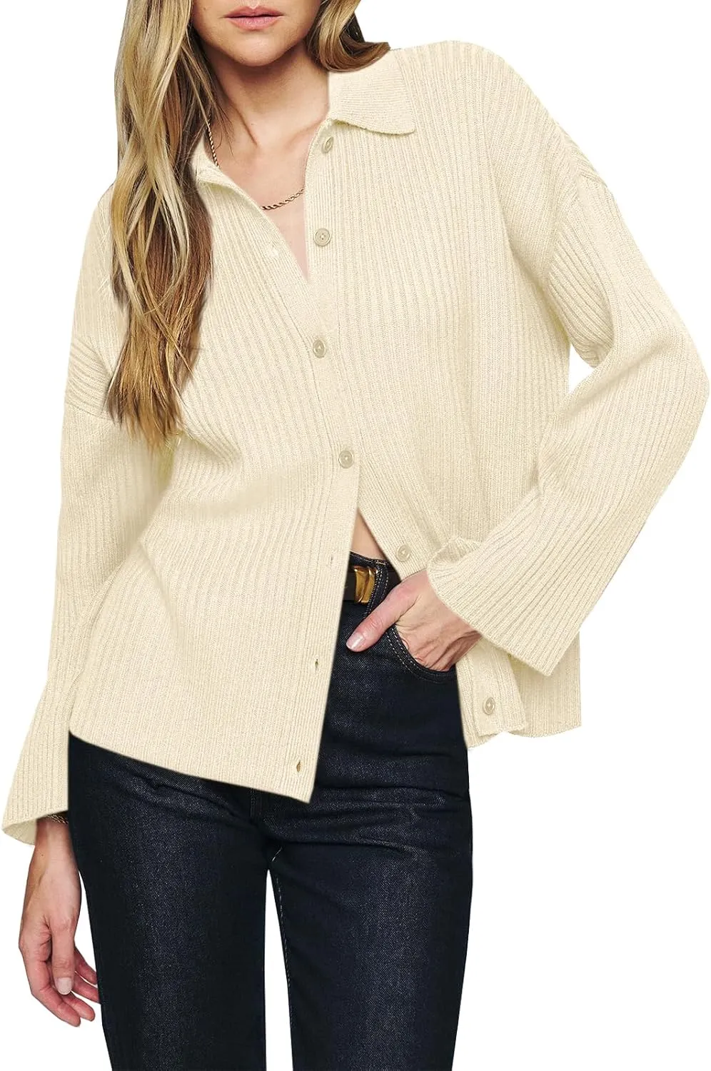 Danedvi Womens Collared Cardigan Sweaters Oversized Ribbed Knit Open Front Button Up Bell Sleeve Outwear