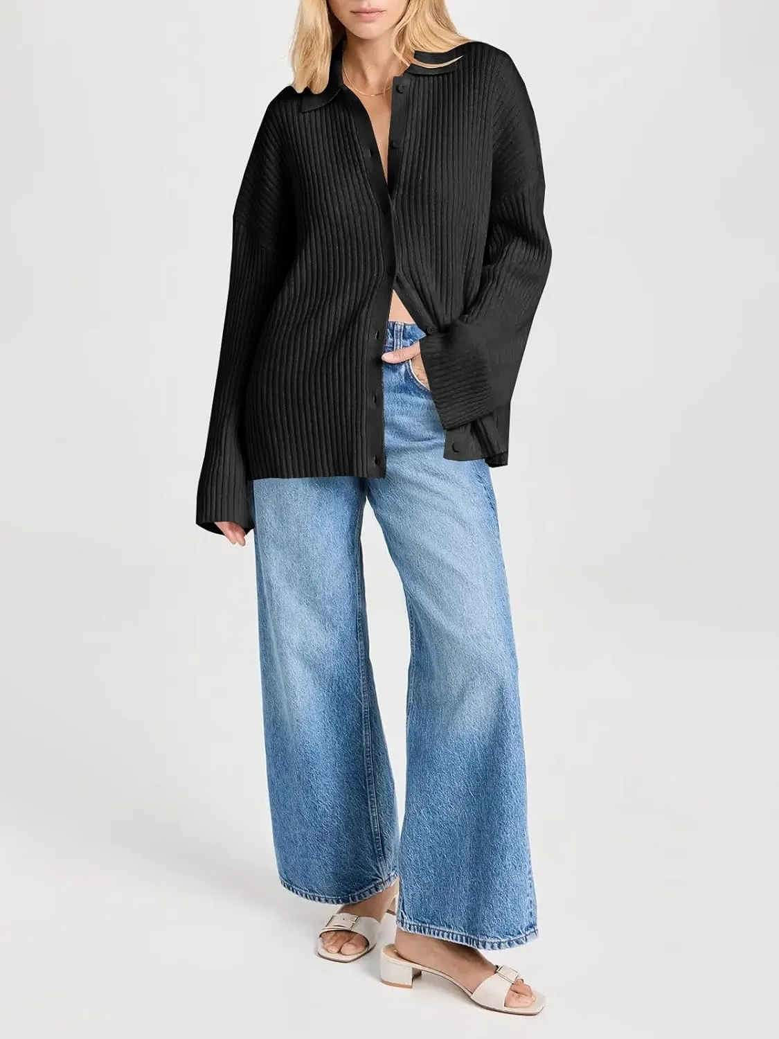 Danedvi Womens Collared Cardigan Sweaters Oversized Ribbed Knit Open Front Button Up Bell Sleeve Outwear