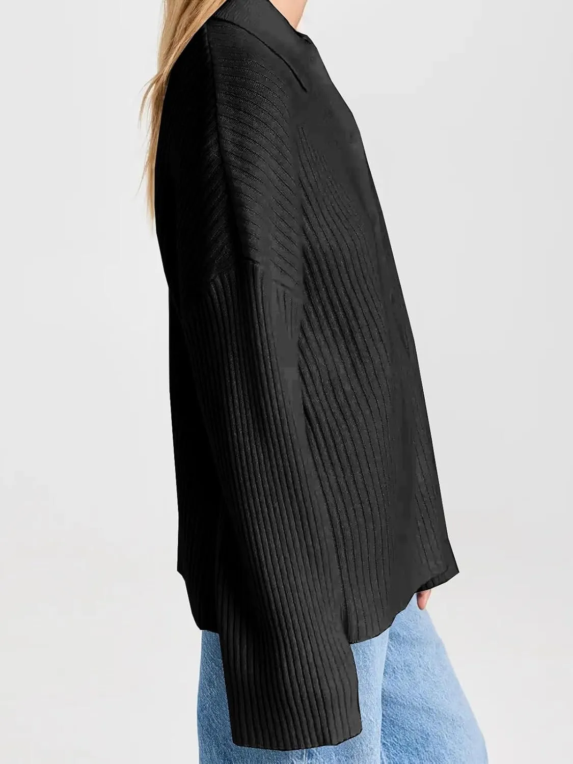 Danedvi Womens Collared Cardigan Sweaters Oversized Ribbed Knit Open Front Button Up Bell Sleeve Outwear
