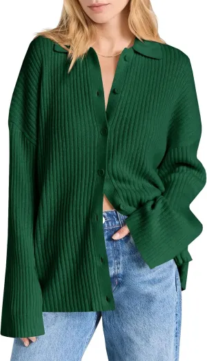 Danedvi Womens Collared Cardigan Sweaters Oversized Ribbed Knit Open Front Button Up Bell Sleeve Outwear