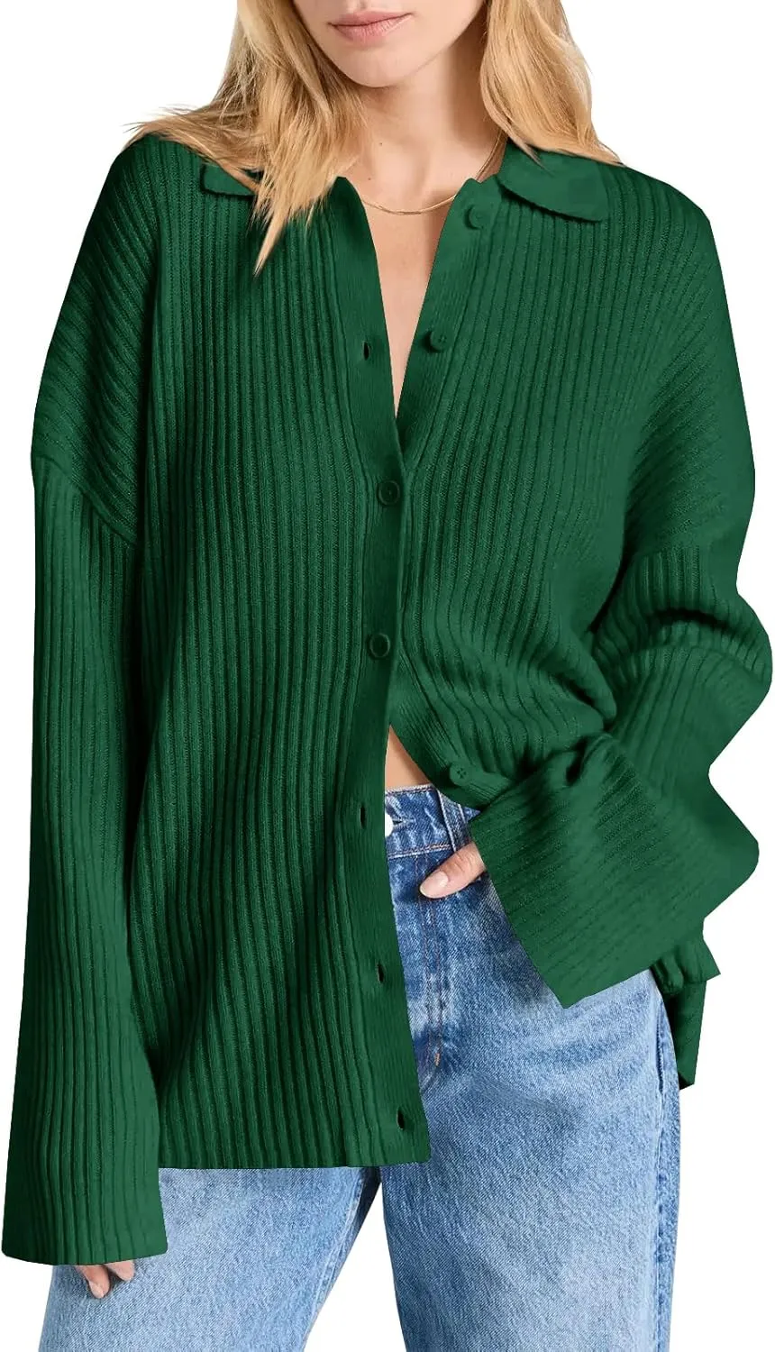 Danedvi Womens Collared Cardigan Sweaters Oversized Ribbed Knit Open Front Button Up Bell Sleeve Outwear