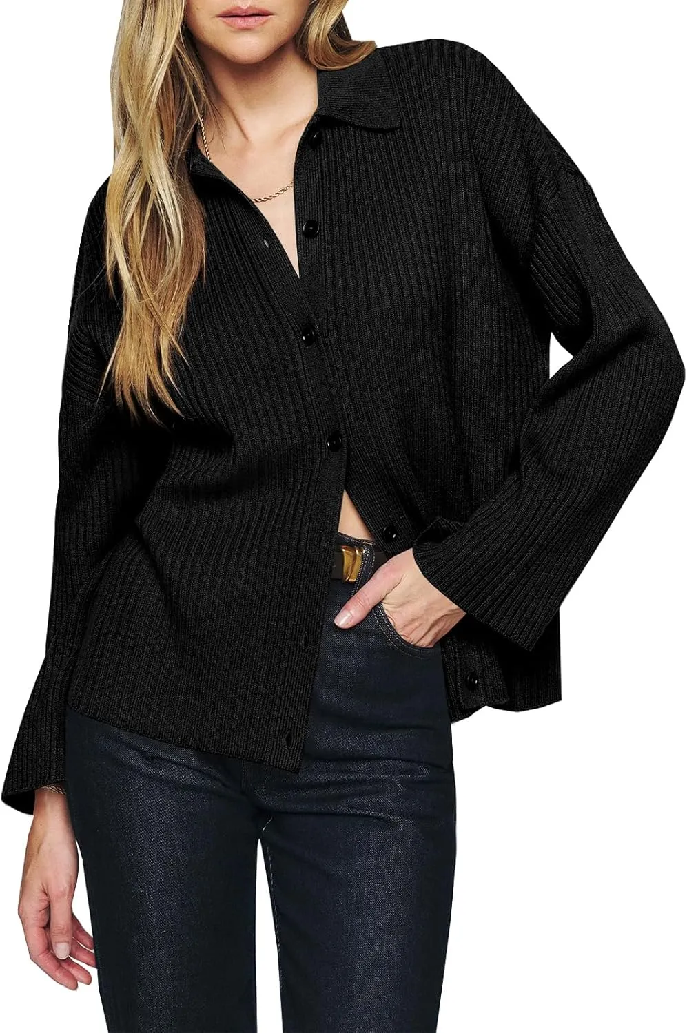 Danedvi Womens Collared Cardigan Sweaters Oversized Ribbed Knit Open Front Button Up Bell Sleeve Outwear