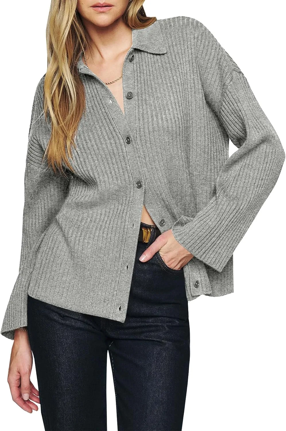Danedvi Womens Collared Cardigan Sweaters Oversized Ribbed Knit Open Front Button Up Bell Sleeve Outwear