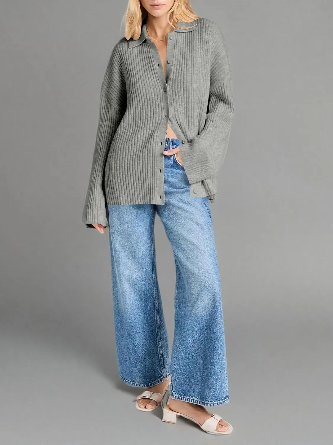 Danedvi Womens Collared Cardigan Sweaters Oversized Ribbed Knit Open Front Button Up Bell Sleeve Outwear