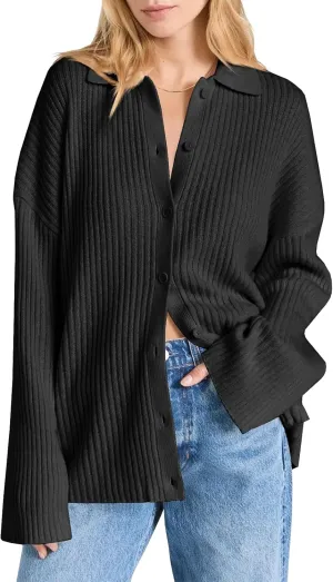 Danedvi Womens Collared Cardigan Sweaters Oversized Ribbed Knit Open Front Button Up Bell Sleeve Outwear