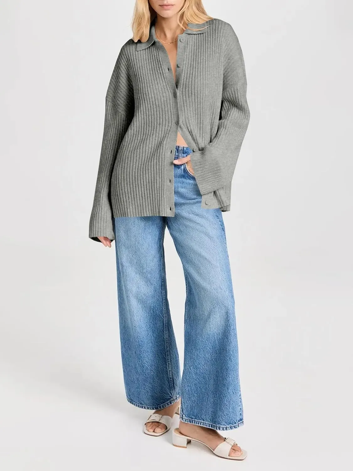 Danedvi Womens Collared Cardigan Sweaters Oversized Ribbed Knit Open Front Button Up Bell Sleeve Outwear