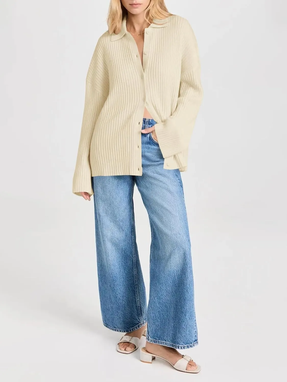 Danedvi Womens Collared Cardigan Sweaters Oversized Ribbed Knit Open Front Button Up Bell Sleeve Outwear