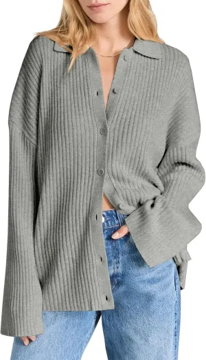 Danedvi Womens Collared Cardigan Sweaters Oversized Ribbed Knit Open Front Button Up Bell Sleeve Outwear
