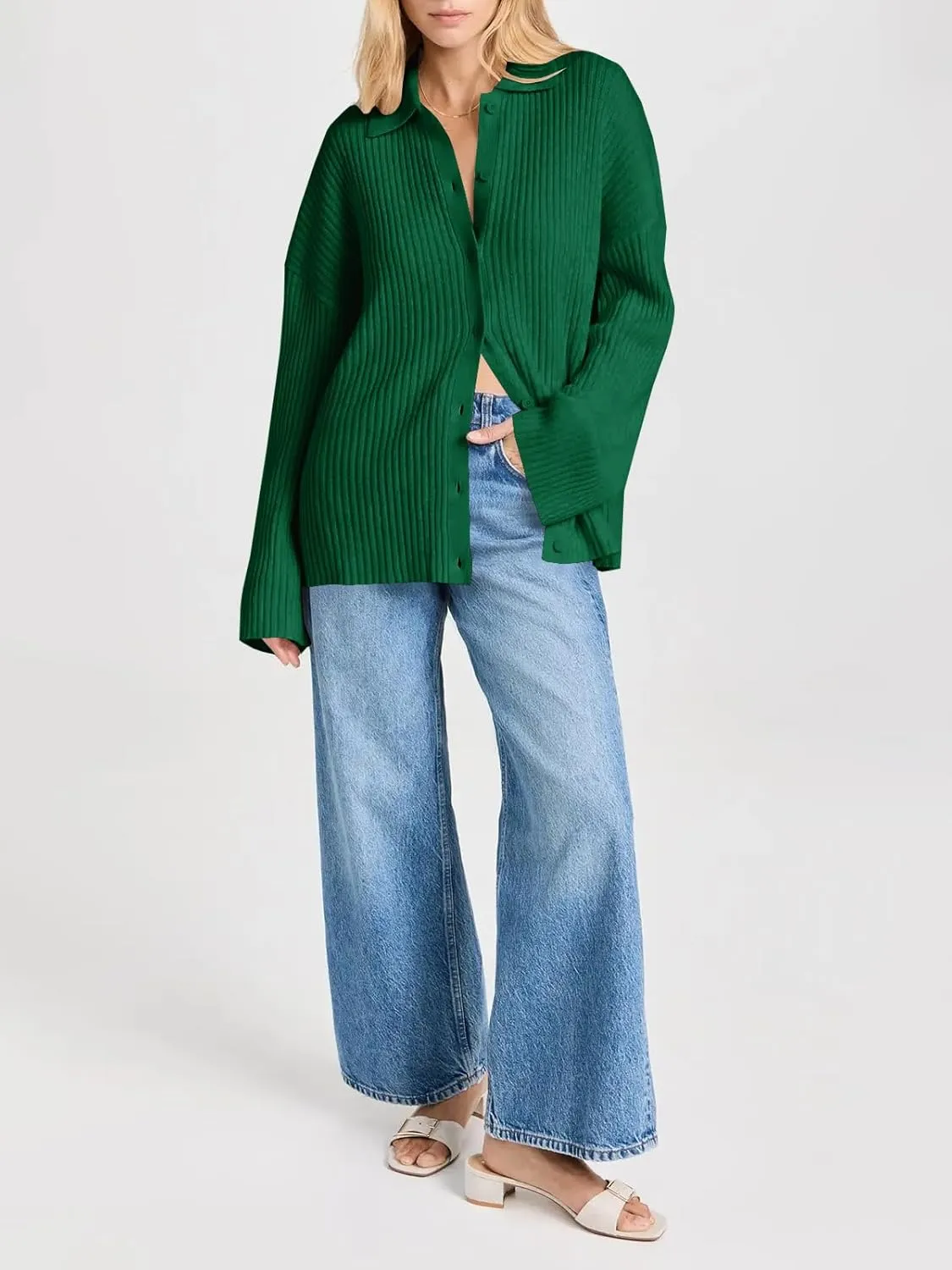 Danedvi Womens Collared Cardigan Sweaters Oversized Ribbed Knit Open Front Button Up Bell Sleeve Outwear
