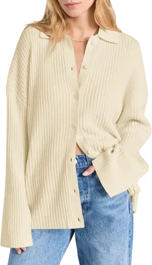 Danedvi Womens Collared Cardigan Sweaters Oversized Ribbed Knit Open Front Button Up Bell Sleeve Outwear