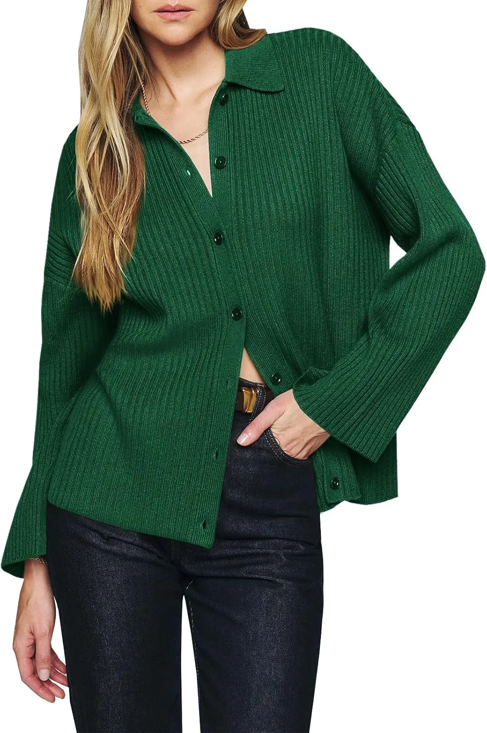 Danedvi Womens Collared Cardigan Sweaters Oversized Ribbed Knit Open Front Button Up Bell Sleeve Outwear