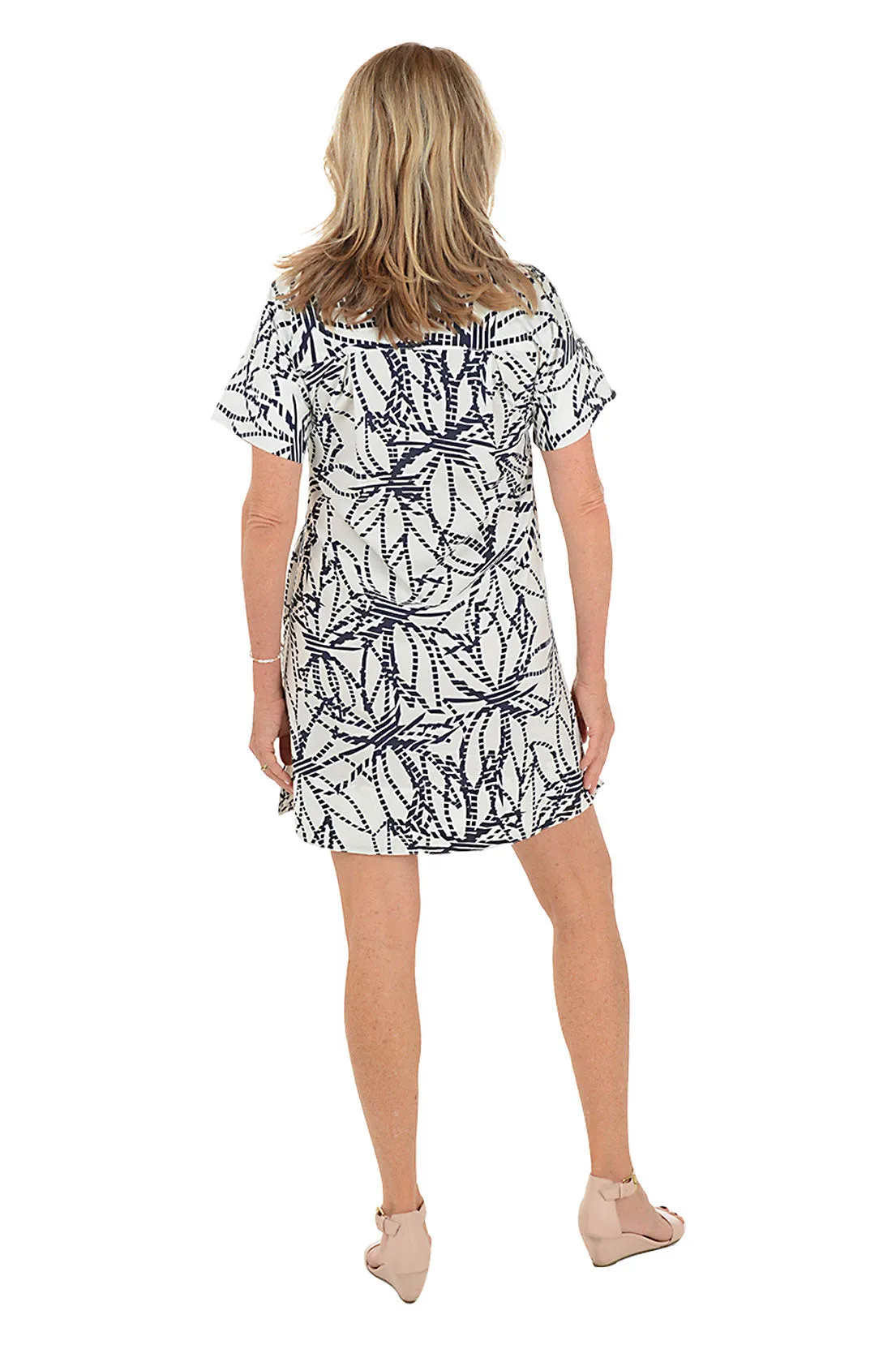 Dashed Flower Collared Short Sleeve Dress