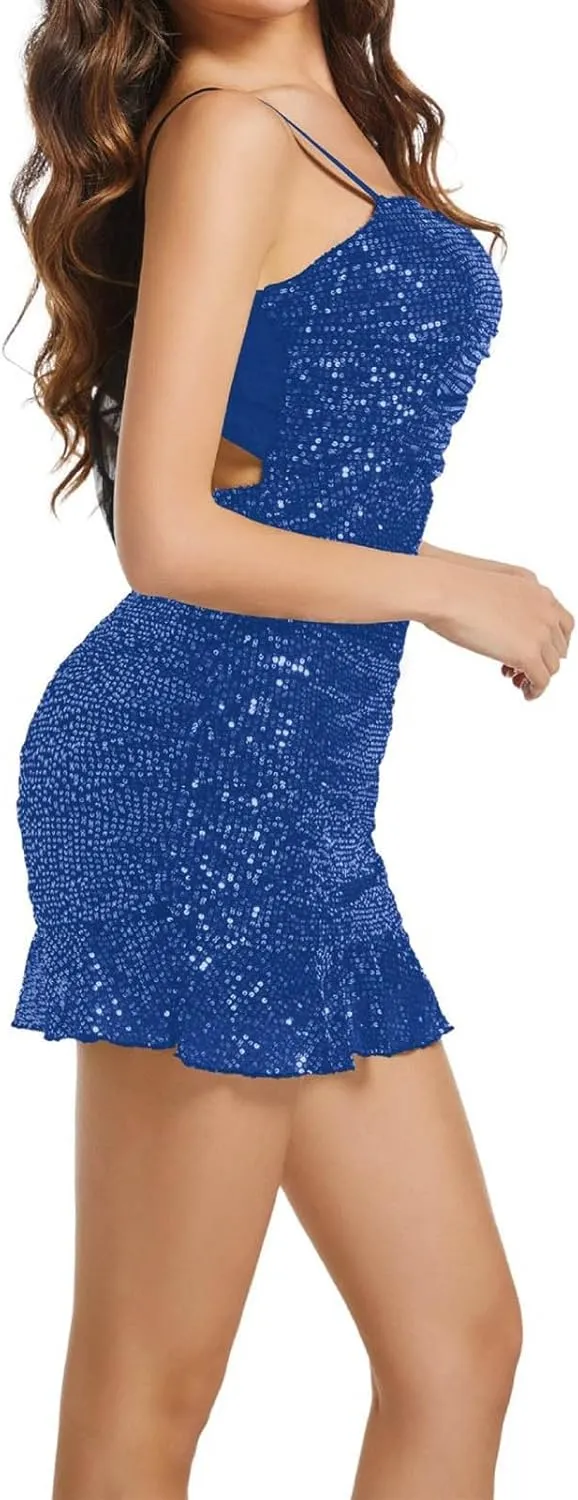 DDAPJ pyju Sequin Dress for Women Glitter Sleeveless Ruched Party Clubwear Backless Bow Ruffle Sleeveless Bodycon Mini Dress