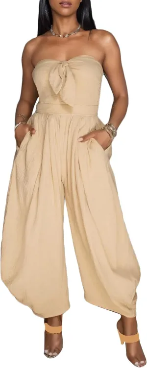 DINGANG Womens One Piece Strapless Jogger Jumpsuit Tube Top Off Shoulder Sleeveless Wide Leg Rompers