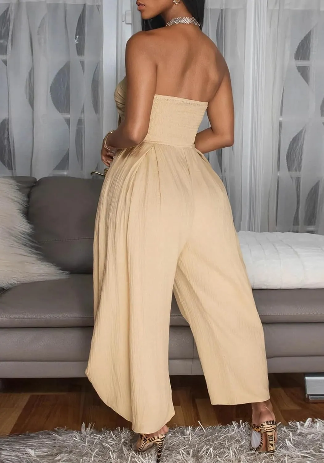 DINGANG Womens One Piece Strapless Jogger Jumpsuit Tube Top Off Shoulder Sleeveless Wide Leg Rompers