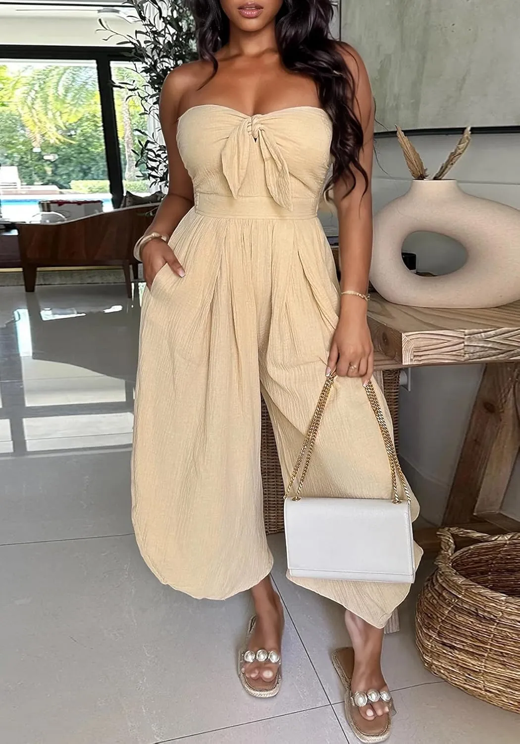 DINGANG Womens One Piece Strapless Jogger Jumpsuit Tube Top Off Shoulder Sleeveless Wide Leg Rompers