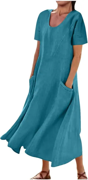 Dress for Women Summer Short Sleeve Solid Color Cotton Linen Casual Plus Size Baggy Flowy Maxi Dresses with Pocket