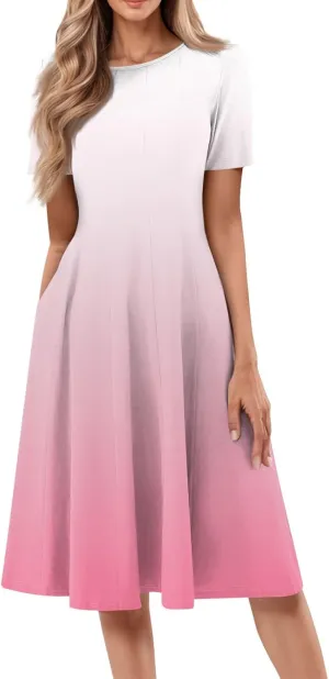 Easter Dress for Women Short Sleeve Casual Flowy Trendy Vacation Midi Dress Crewneck Beach Long Sundresses Summer