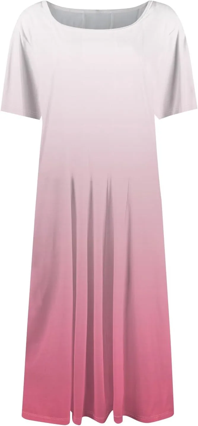 Easter Dress for Women Short Sleeve Casual Flowy Trendy Vacation Midi Dress Crewneck Beach Long Sundresses Summer