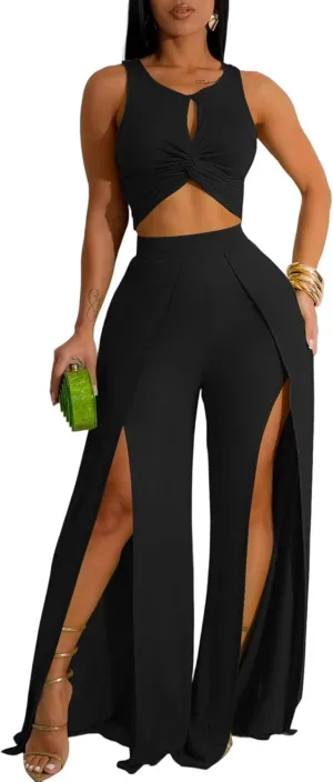 Ekaliy Women's 2 Piece Outfit Sexy Crop Tank Top and High Split Wide Leg Pants Sets Elegant Vacation Jumpsuits Going Out Suit