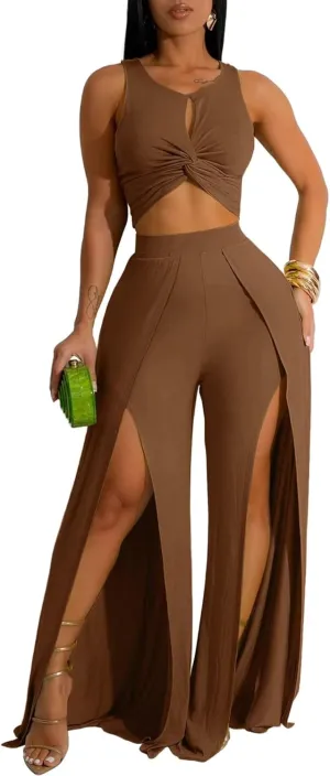 Ekaliy Women's 2 Piece Outfit Sexy Crop Tank Top and High Split Wide Leg Pants Sets Elegant Vacation Jumpsuits Going Out Suit