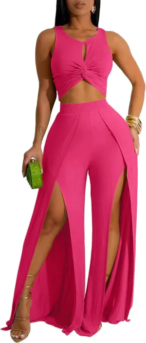 Ekaliy Women's 2 Piece Outfit Sexy Crop Tank Top and High Split Wide Leg Pants Sets Elegant Vacation Jumpsuits Going Out Suit