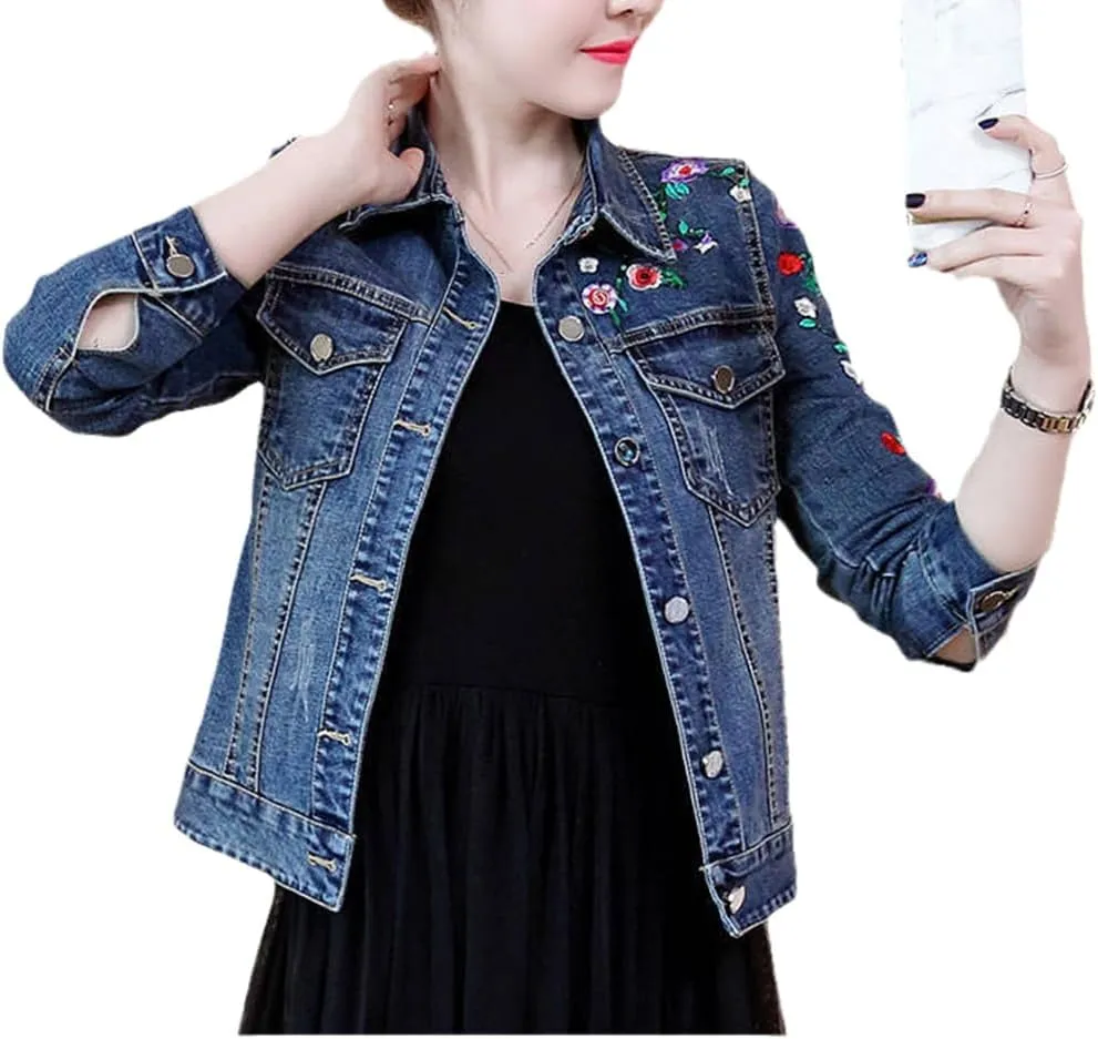 Embroidered Flower Denim Jacket Women's Short Spring Autumn Vintage Slim Jeans Jacket Casual Female Tops Denim Blue XXL