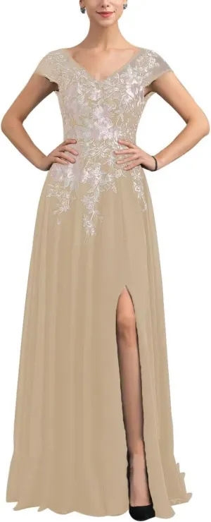 Embroidery V Neck Mother of The Bride Dresses for Wedding 2025 Lace Chiffon Maxi Formal Mother Groom Dress with Slits