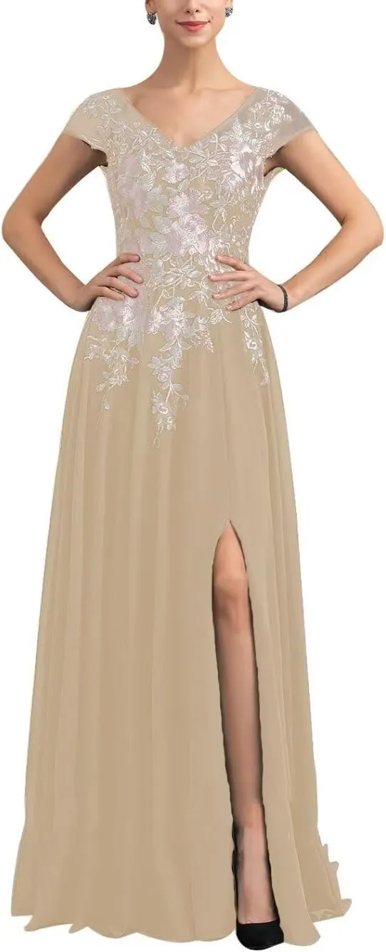 Embroidery V Neck Mother of The Bride Dresses for Wedding 2025 Lace Chiffon Maxi Formal Mother Groom Dress with Slits