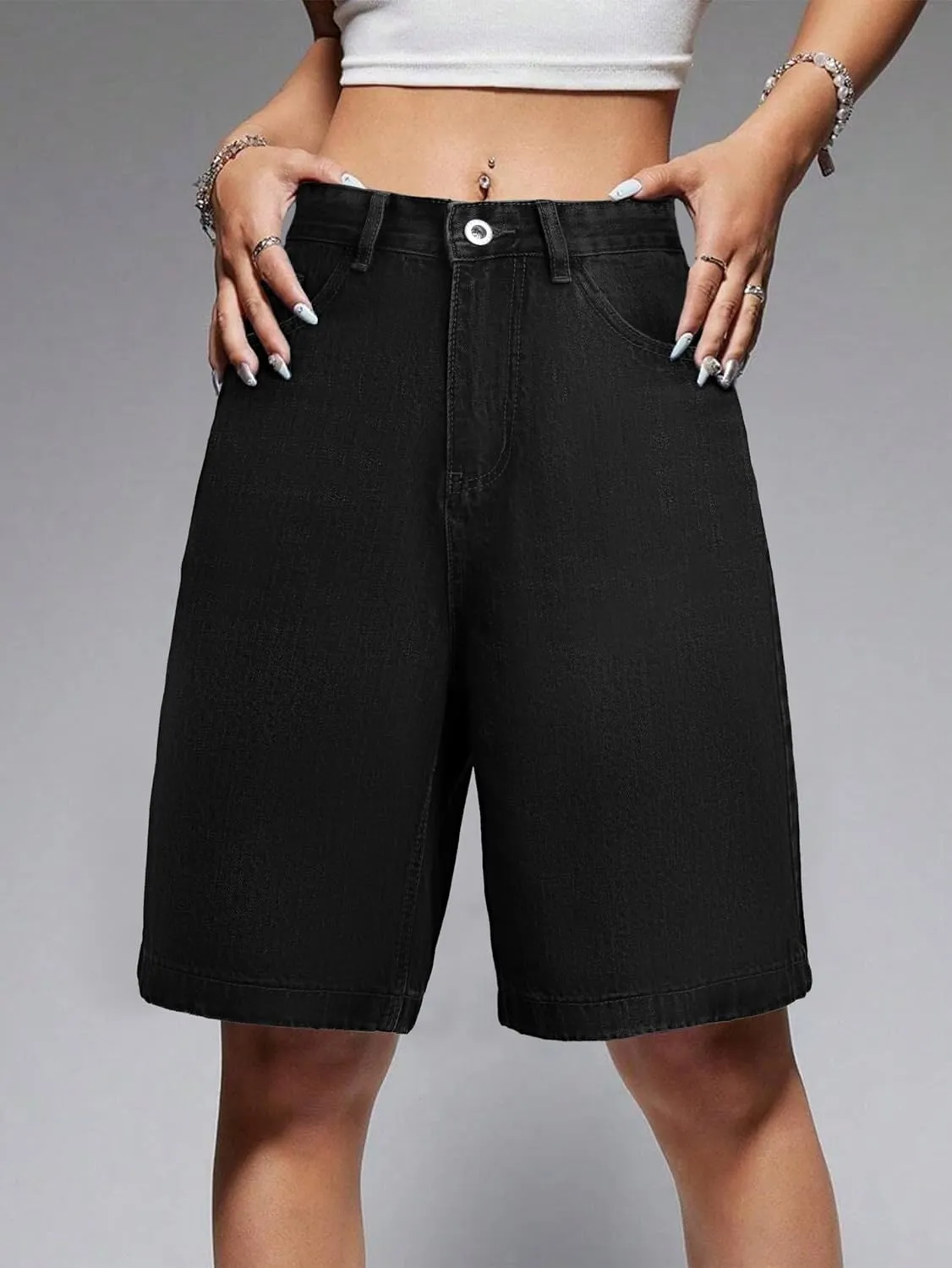 EMMIOL Women Jorts Baggy Jeans Shorts Mid-Low Waisted Denim Y2K Hip-Hop Shorts Summer Hot Short Pants Streetwear